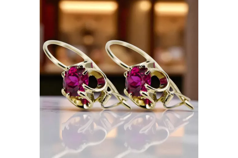 Oro amarillo de 14 quilates 585 Ruby pendientes vec035y Ruso Soviético URSS Artesanía vintage Art Deco style Joyería vintage Art